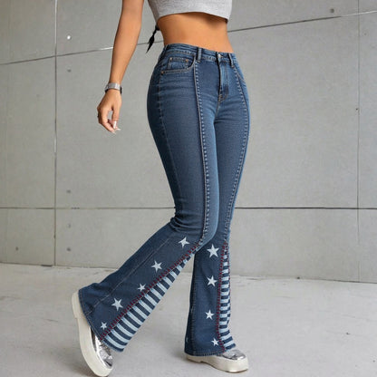 Women High Waisted Star Patchwork Flare 4th Of July Outfits For Women Bell Bottom Denim Pants For Curvy Girls Slim Fit Curve Enhancing Soft Stretch Fabric