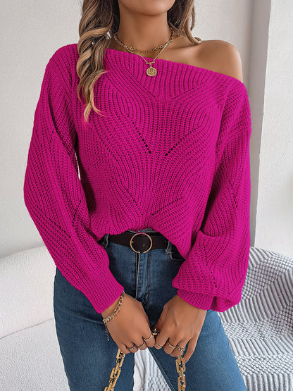 Casual Hollow Out Off-Shoulder Lantern Sleeve Sweater