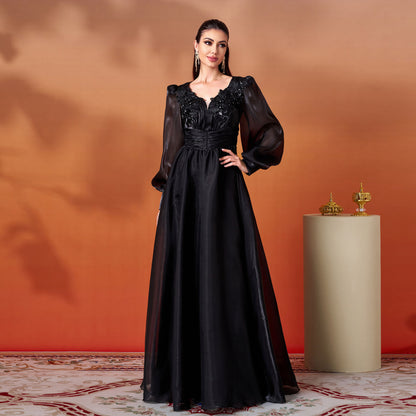 Elegant Long Sleeve V-neck Lace Banquet Swing Evening Dress