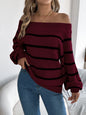 Casual Striped Off-Shoulder Lantern Sleeve Pullover Sweater