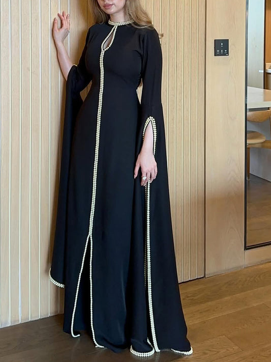 Black Maxi Dress With Pearl Trim And Cape Sleeves
