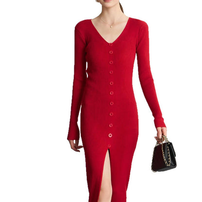 V-neck Knitted Dress Slim Slimming Temperament Single-breasted Hip-wrapped Mid-length Dress
