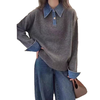 Simple Versatile Stand Collar Denim Stitching Loose Temperament Lazy Top