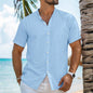 Men's Solid Color Cardigan Henry Collar Short Sleeve Cotton And Linen Shirt