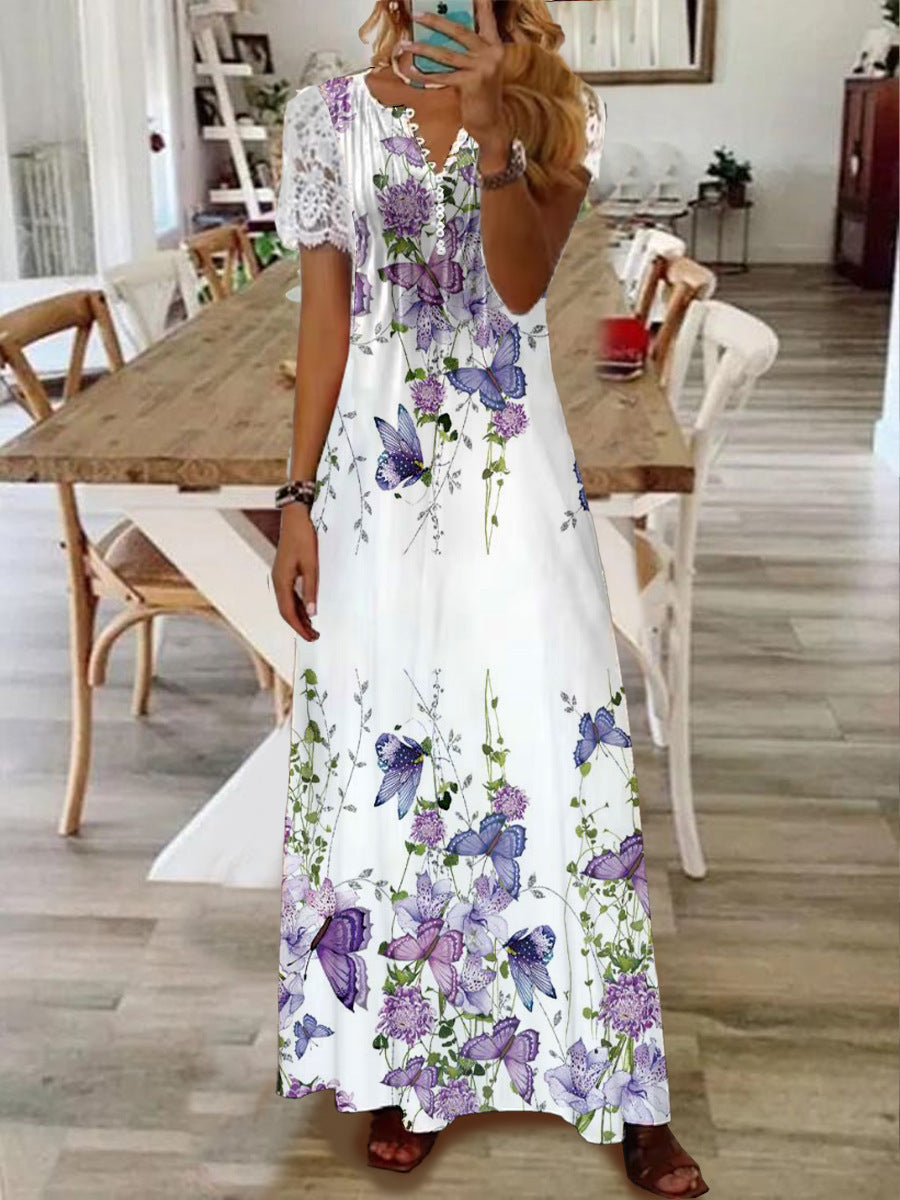 Printed Lace Sleeve Short Sleeve Dress