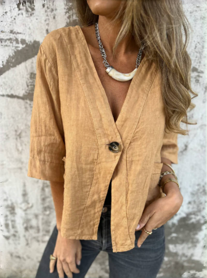 Casual Women's V-neck Cotton And Linen Solid Color ShirtT-shirt