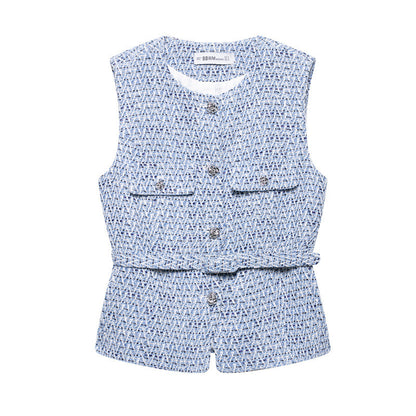 Spring New Casual Belt Vest Women's Clothing With Belt Texture Vest