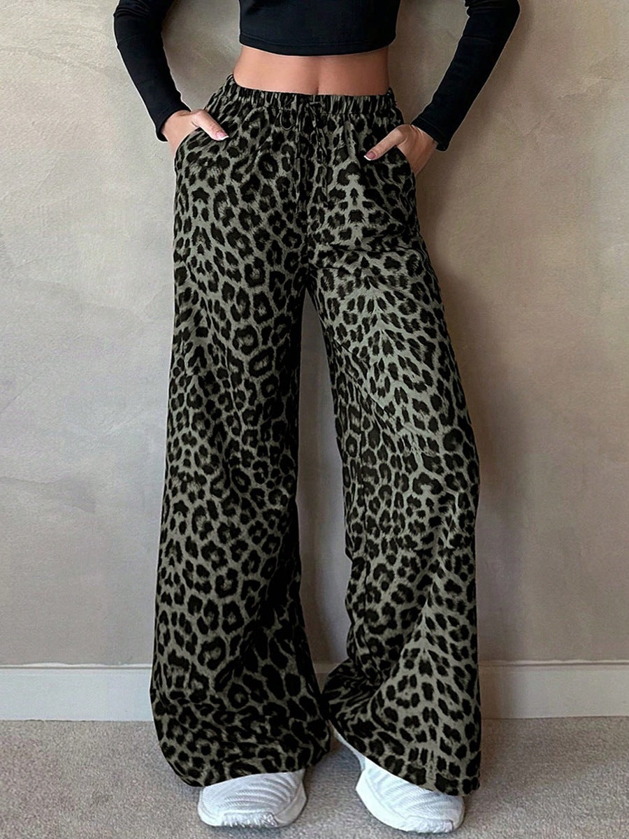 European And American Women's Clothing Satin Casual Pants Fall High Waist Leopard-print