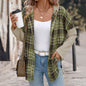 Casual Retro Style Loose Hooded Plaid Stitching Shirt Coat Women