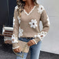 Women's Fall Floral Pattern V-Neck Sweater, Long Sleeve Pullover With Scallop Trim Casual Dressy Top