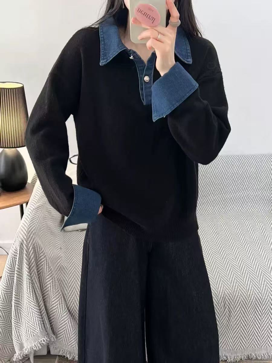 Simple Versatile Stand Collar Denim Stitching Loose Temperament Lazy Top