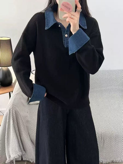 Simple Versatile Stand Collar Denim Stitching Loose Temperament Lazy Top