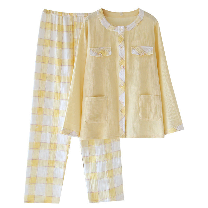 Spring Summer Cotton Gauze Thin Loose Long Sleeve Cardigan Homewear Suit