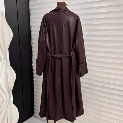 Lapel Mid-length Leather Coat Women