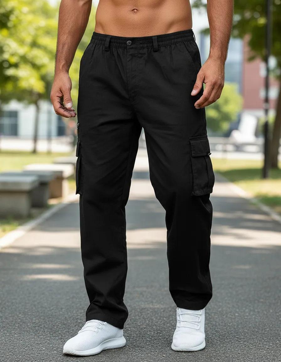 Mens Multi-Pocket Casual Pants Stylish Straight-Leg Workwear