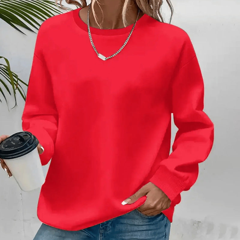 Women's Solid Color Casual Pullover Sweatshirt - Minimalist Round Neck Long Sleeve Top For Spring&Fall