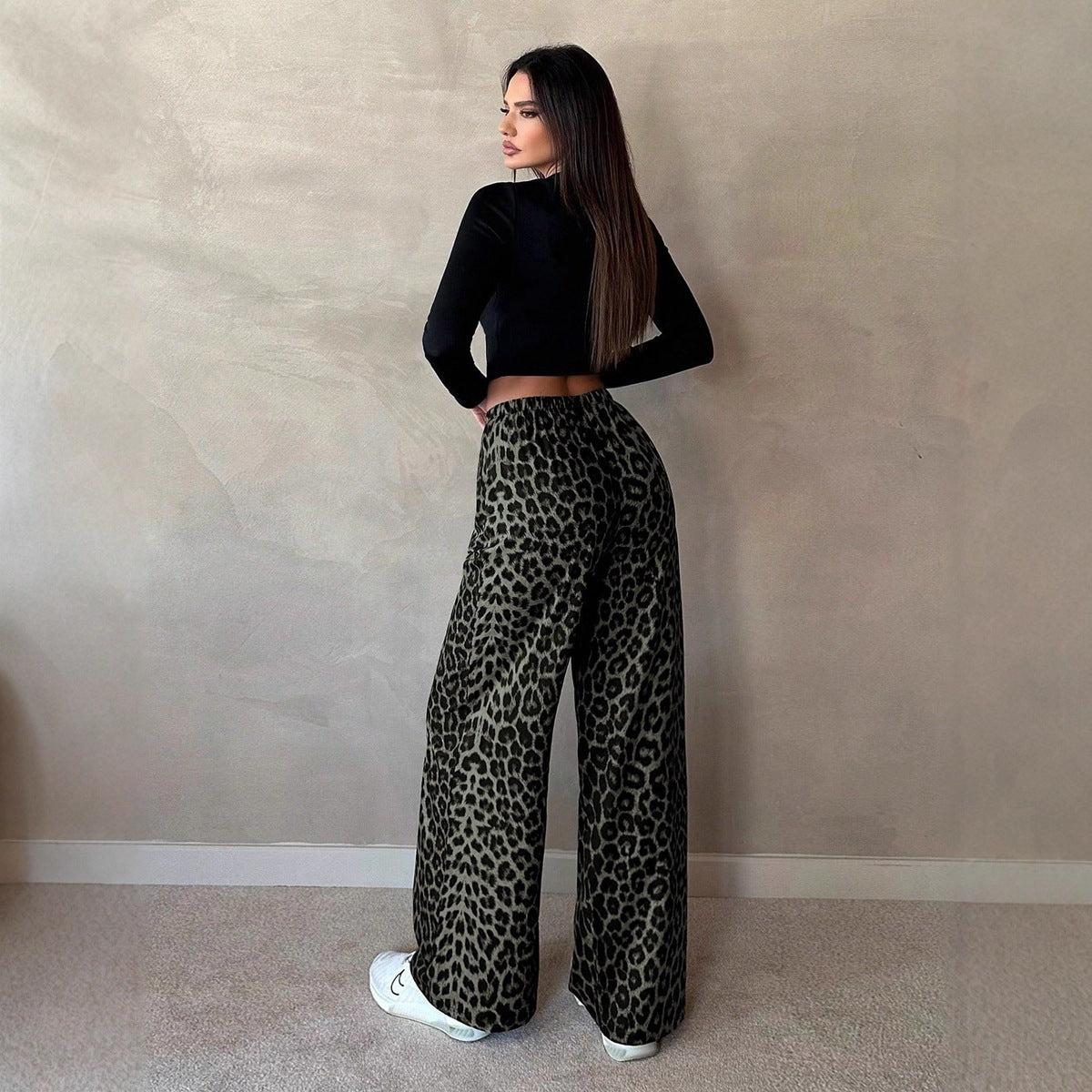 European And American Women's Clothing Satin Casual Pants Fall High Waist Leopard-print