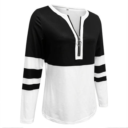 Women's Zip-Up Round Neck Long Sleeve Sweatshirt With Color Block Stripes - Casual Pullover Top For Spring&Fall
