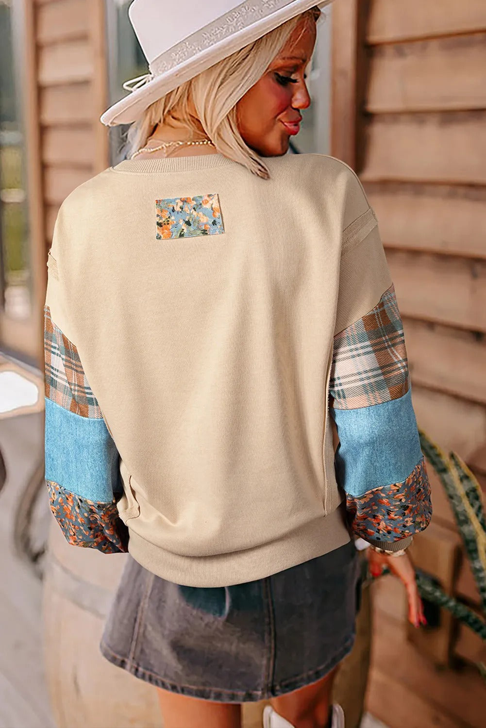 Women's Casual Patchwork Printed Sleeve Pullover Sweater
