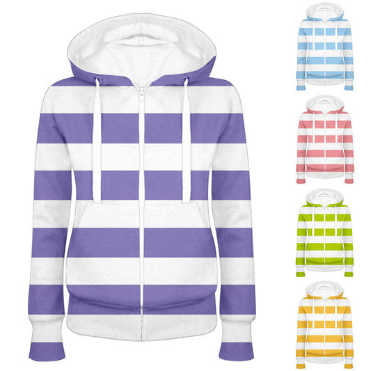 Loose Hooded Stripes Long-sleeve Zipper Sweatshirt Cardigan