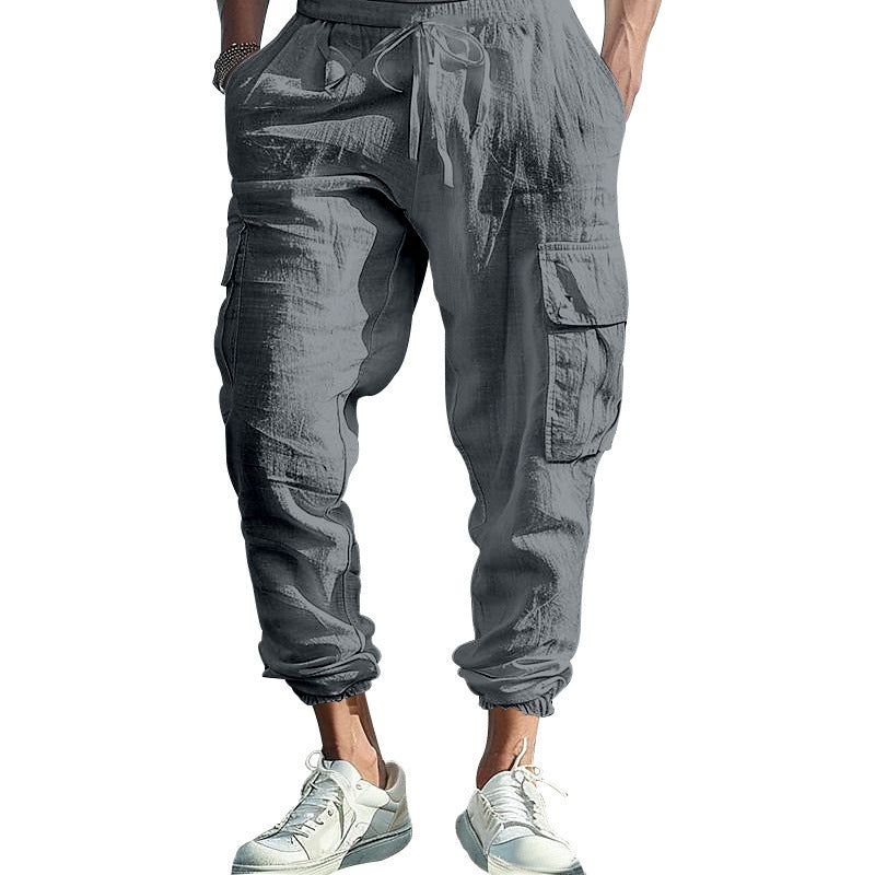 Mens Casual Cotton-Linen Pants With Multiple Pockets And A Drawstring