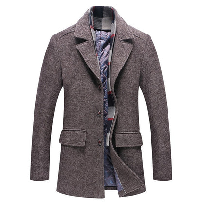 Fall Winter Men's Woolen Coat Fashion Polo Collar Cotton Scarf