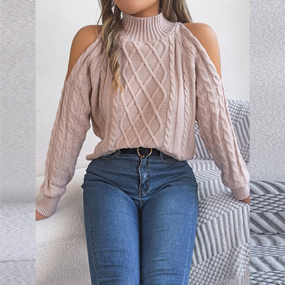 Women's Solid Color Off-Shoulder Cable Knit Sweater, High Neck Long Sleeve Pullover For Spring And Fall