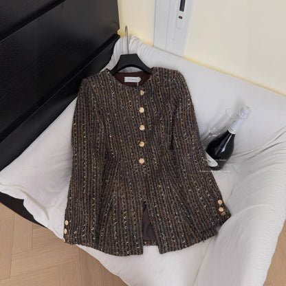 Brown Old Money Style Coat Women's Tight Waist Slim Fit Gold Buckle Handsome Wool Coat