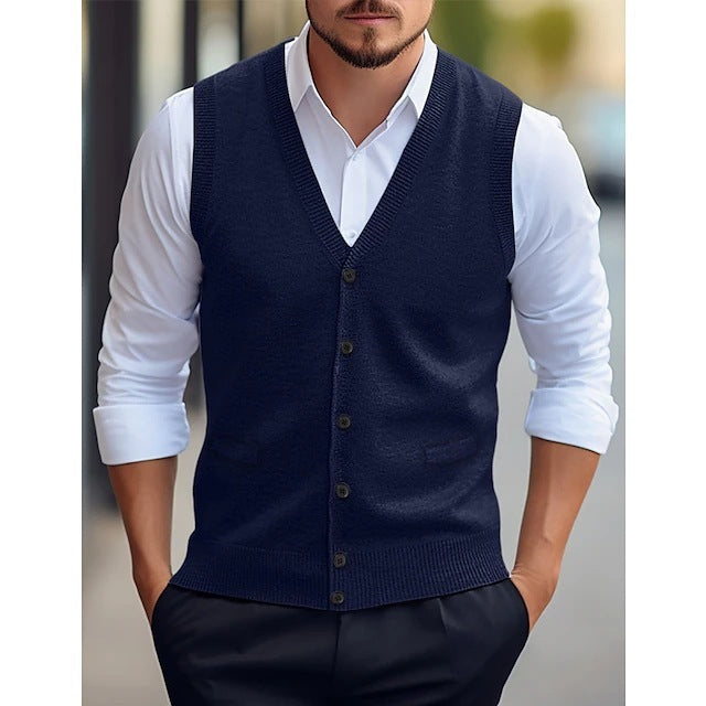 Casual Vest Solid Color Sleeveless Four Seasons Wool Knit Cardigan Men's Vest