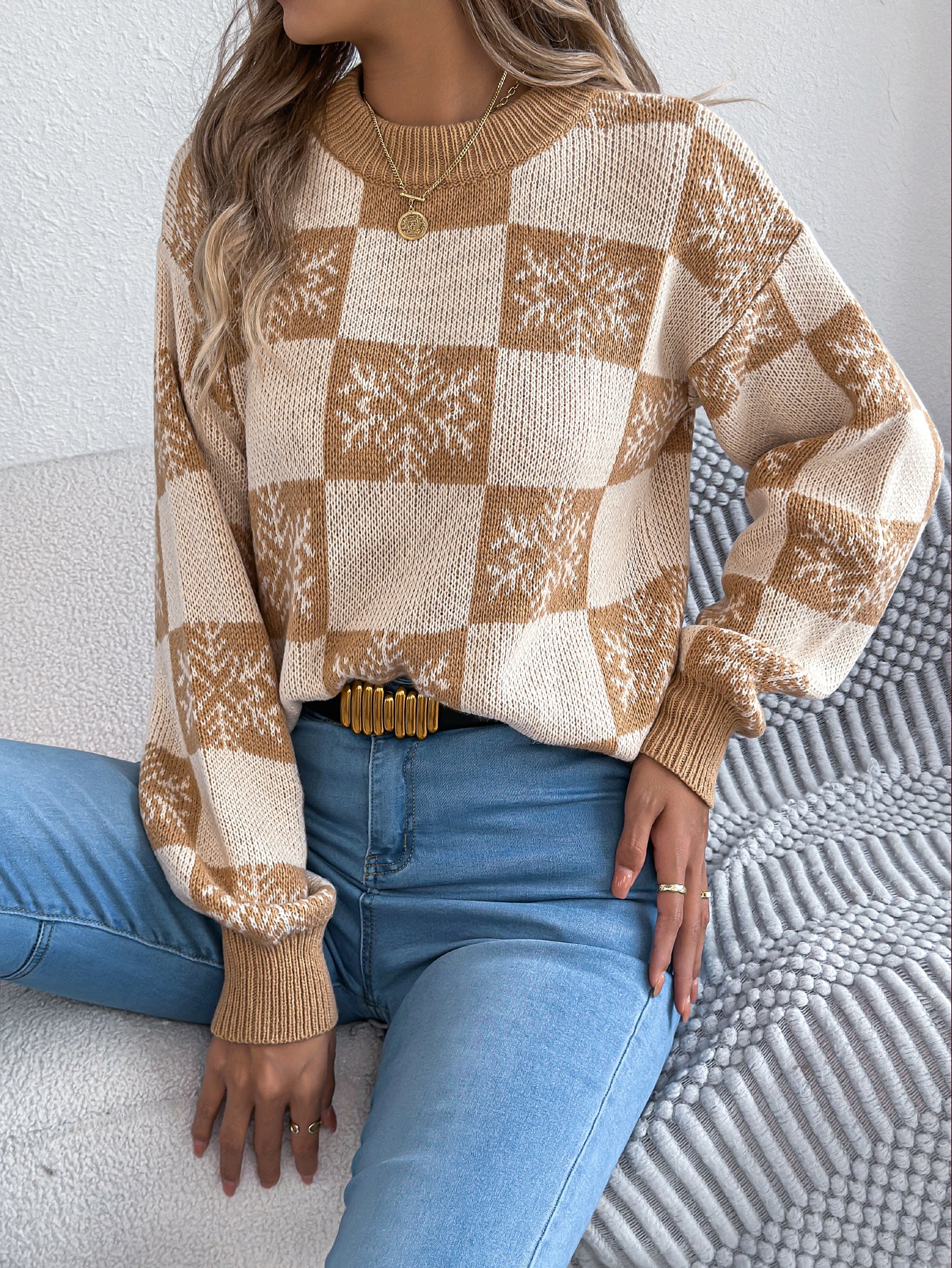 Snowflake Plaid Lantern Sleeve Pullover Sweater