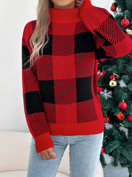 Casual Color Block Plaid Lantern Sleeve High Neck Sweater