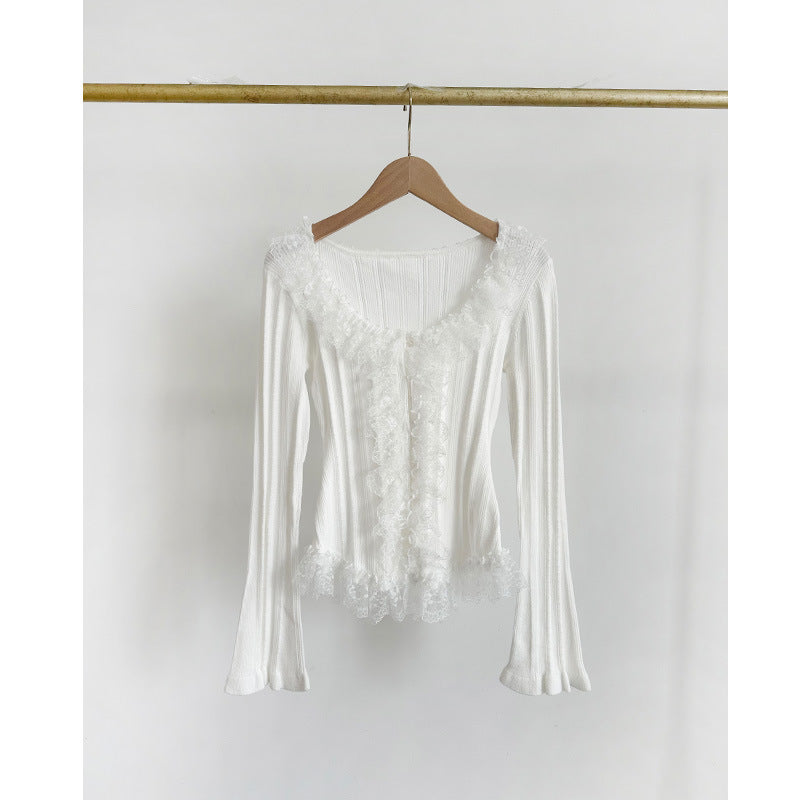 Wooden Ear Lace Stitching U-collar Knitted Top
