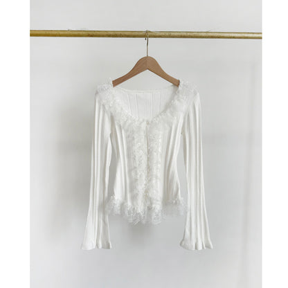 Wooden Ear Lace Stitching U-collar Knitted Top