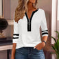 Women's Zip-Up Round Neck Long Sleeve Sweatshirt With Color Block Stripes - Casual Pullover Top For Spring&Fall