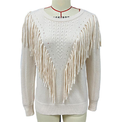 Women's Fringe Tassel Sweater - Casual Long Sleeve Crewneck Knit Pullover For Fall