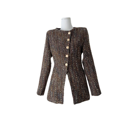 Brown Old Money Style Coat Women's Tight Waist Slim Fit Gold Buckle Handsome Wool Coat