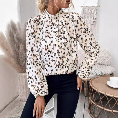 Printed Stand Collar All-matching Long Sleeve Top Women