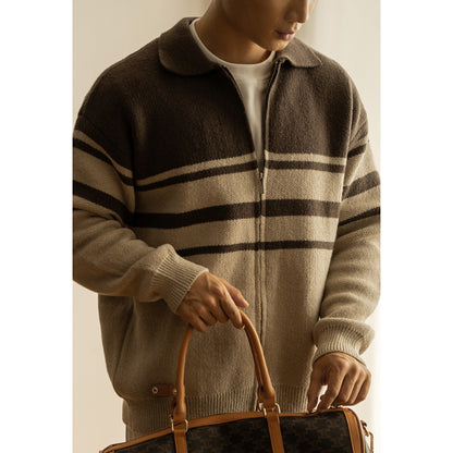 Young Contrast Color Striped Lapel Sweater Men's Casual Zipper