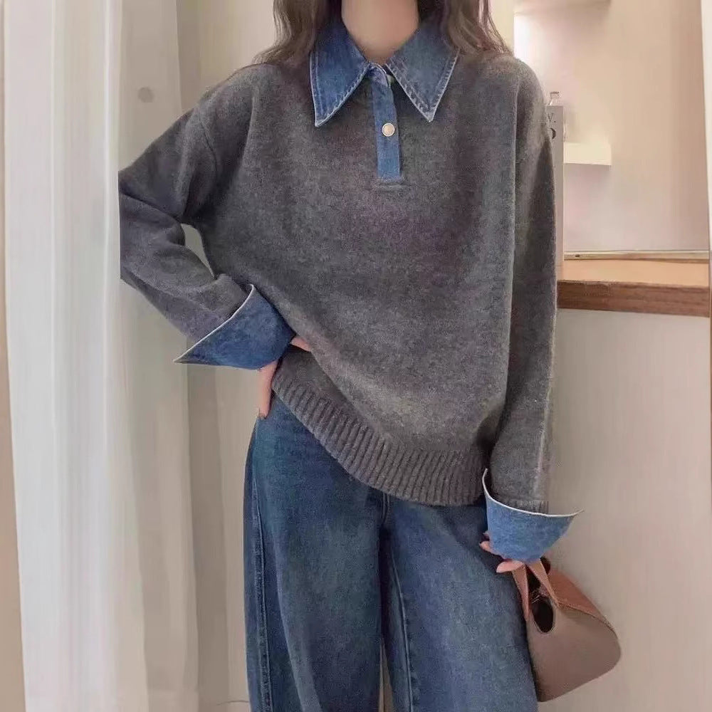 Simple Versatile Stand Collar Denim Stitching Loose Temperament Lazy Top