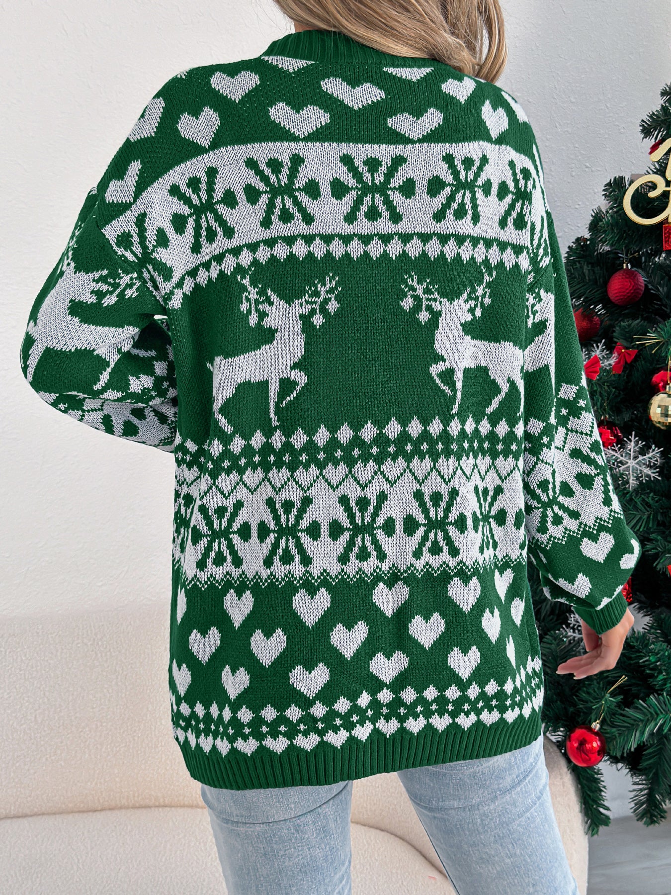 Christmas Deer Pocket Long Sleeve Cardigan Sweater Coat