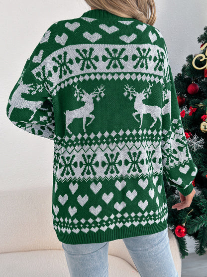 Christmas Deer Pocket Long Sleeve Cardigan Sweater Coat