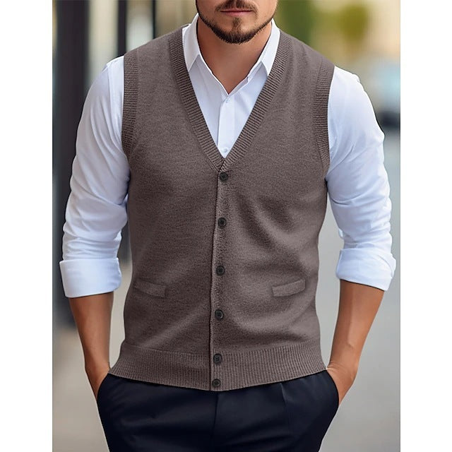 Casual Vest Solid Color Sleeveless Four Seasons Wool Knit Cardigan Men's Vest