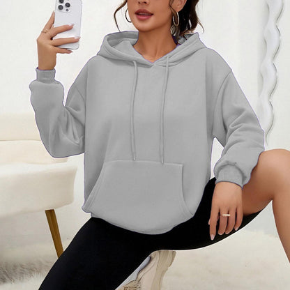 All-matching Loose Drawstring Pocket Sweatshirt Long Sleeve Women