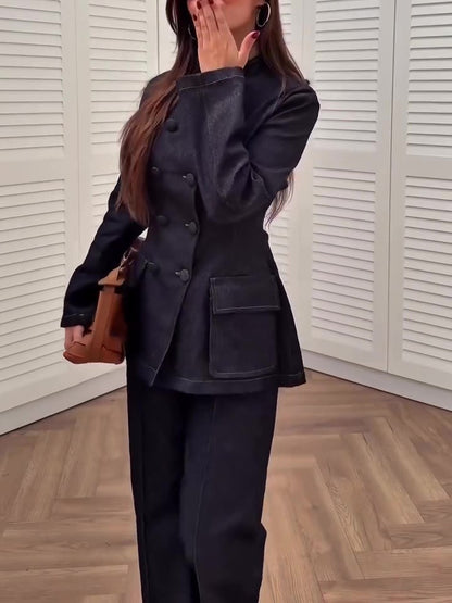 Dark Blue Denim Peplum Jacket And Flared Pants Set