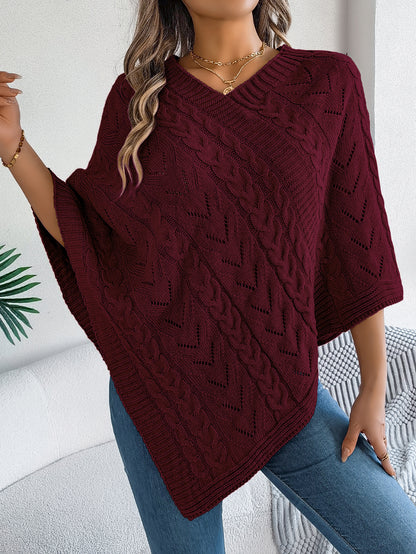 Casual Solid Color Cable Knit Loose Poncho Sweater Coat