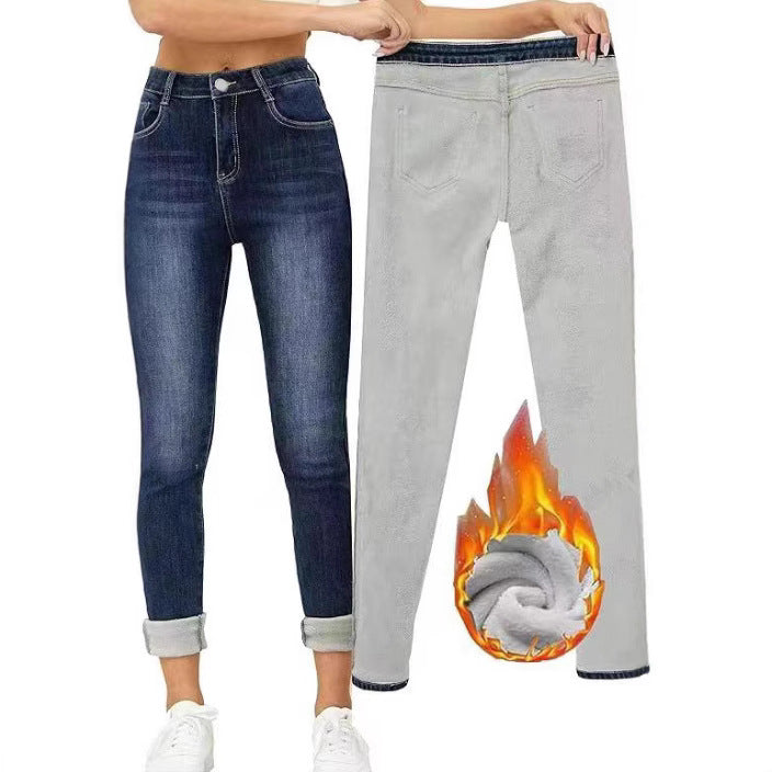 Fleece-lined Slim-fitting Mid-waist Slimming Stretch Fleece Fleece-lined Skinny Jeans