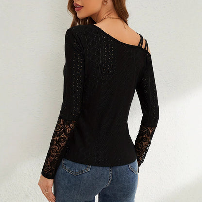 European And American Asymmetric Cross Off-shoulder Design Lace Stitching Coat