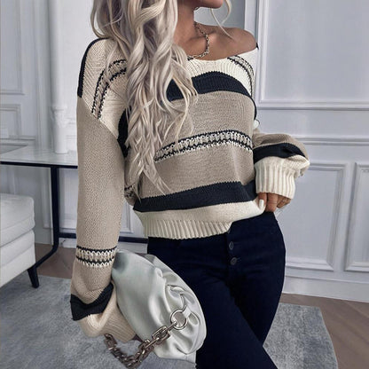 Women's French Vintage Striped Sweater, V-Neck Long Sleeve Stretch Knit Top For Fall Winter Layering