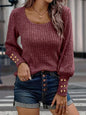 Solid Color Button Round Neck Long Sleeve Sweater