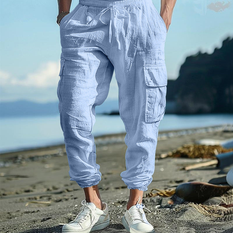 Mens Casual Cotton-Linen Pants With Multiple Pockets And A Drawstring